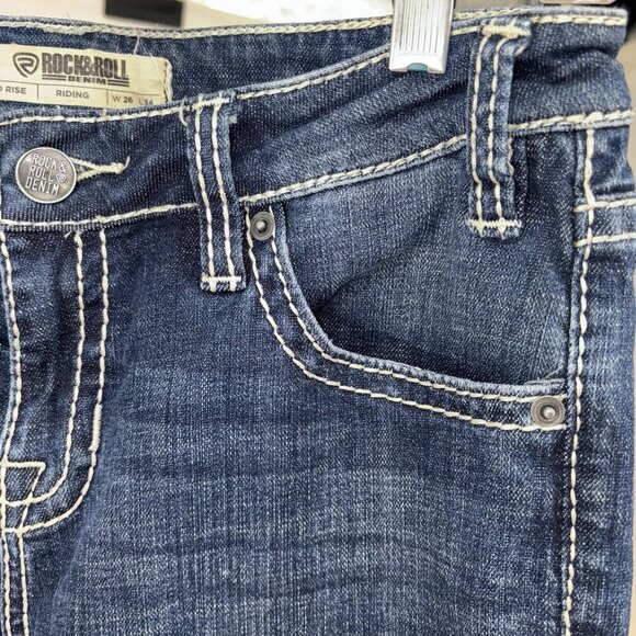 Rock & Roll Cowgirl Riding Bootcut Jeans Womens 26 x 29.5" Mid Dark Wash - Picture 4 of 11